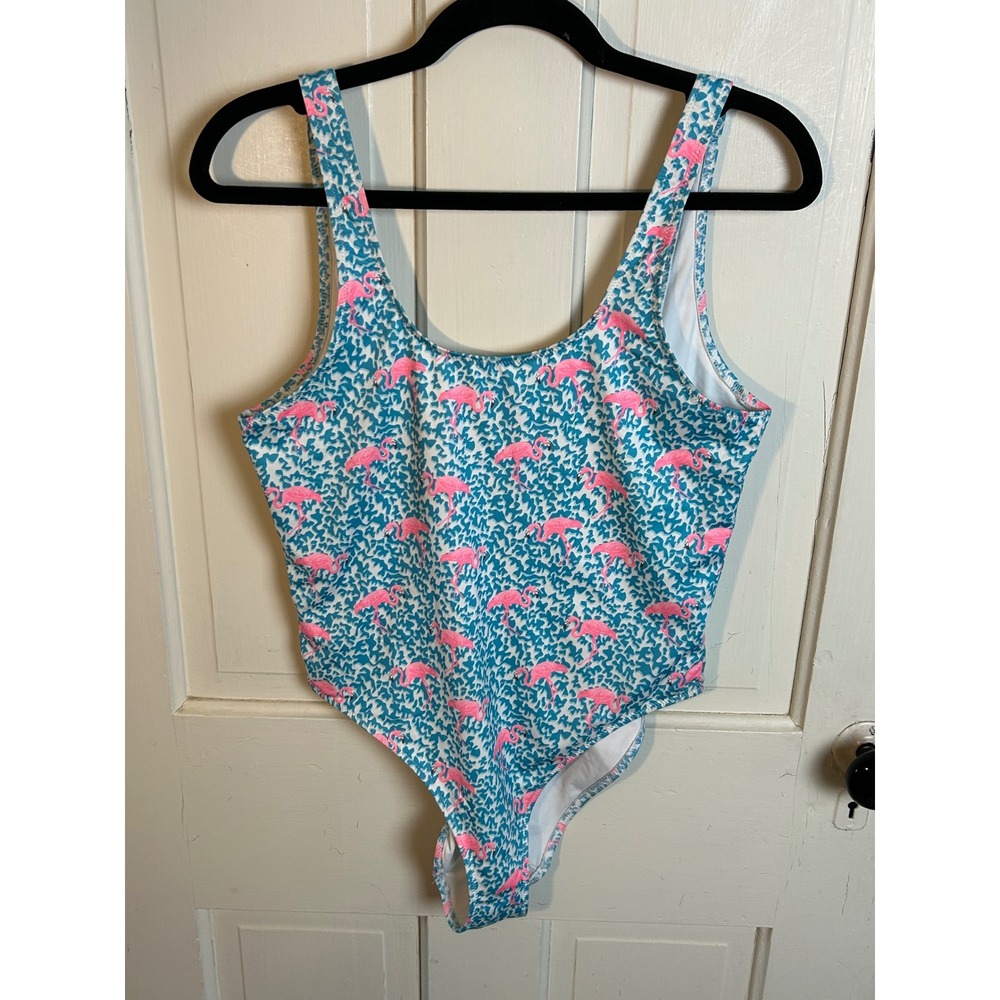 Chubbies Womens Medium Flamingo Print One Piece Swimsuit Teal Pink Scoop Back